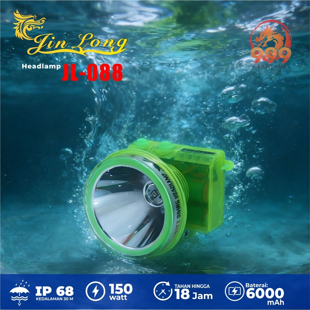 Senter Kepala Selam Jinlong JL 088 Daya 150 Watt Baterai 6000 Mah Durasi 18 Jam dan Kedalaman 30 Met