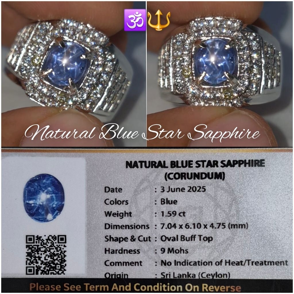 Natural Blue Star Safir Ceylon Kristal Clink luster nyala star tajam memo WGL lab
