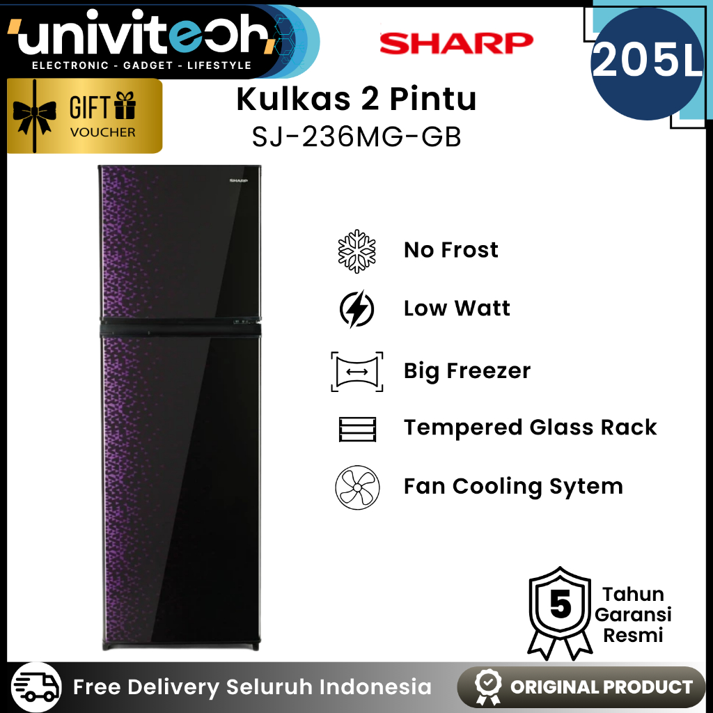 Sharp Kulkas 2 Pintu 205 Liter Tanpa Bunga Es Low Watt Big Freezer Fan Cooling Rak Kaca, SJ 236MG GB