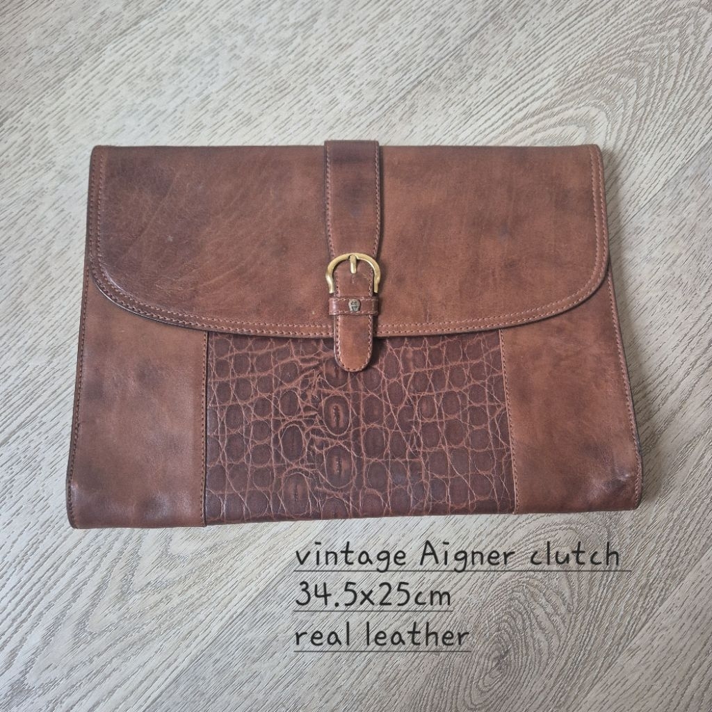 Preloved vintage authentic Aigner clutch bag brown crocodile crocs embossed genuine leather document