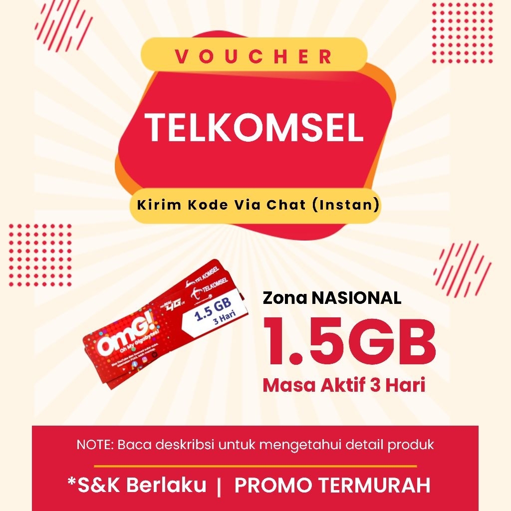 Paket Data Voucher Telkomsel 1.5GB 3 Hari NASIONAL | Kuota Internet Tsel (Kirim Kode via Chat)