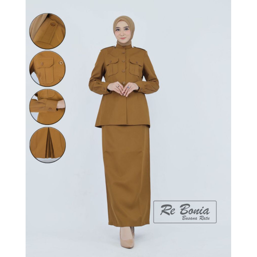 Seragam Re Bonia Kheki Sedang Rok Span ,Baju Dinas ASN,PNS,Guru,PDH Kheki Sedang Wanita Rok Span , S