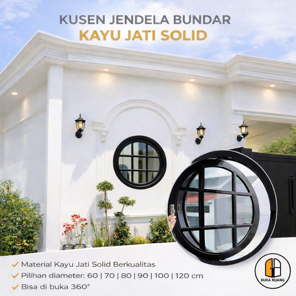Jendela Bulat Jati Buka 180° Diameter 60cm sampai 120cm / kusen jendela kayu model baru / kusen jend