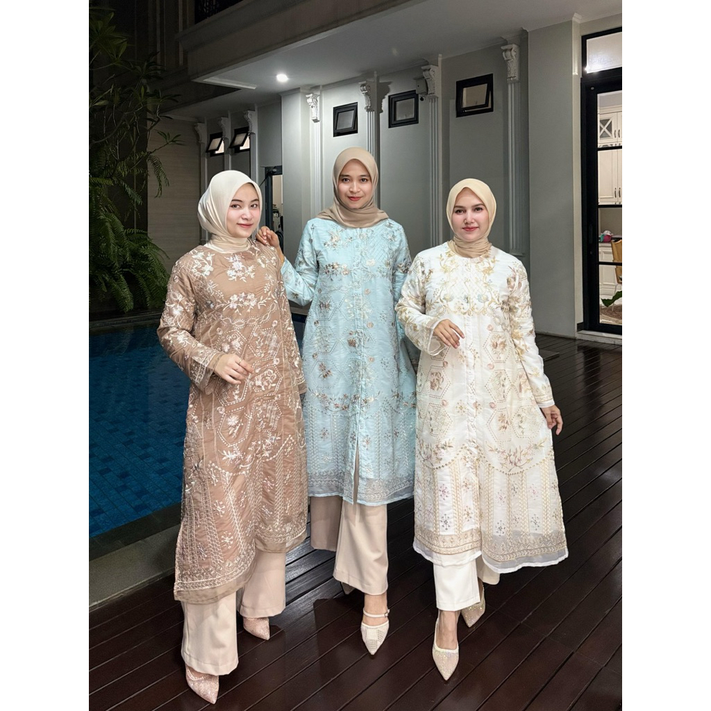 Tunik bahan organza milky Bordir +  full furing (long tunik saja) Kancing depan full  ori By Edness 