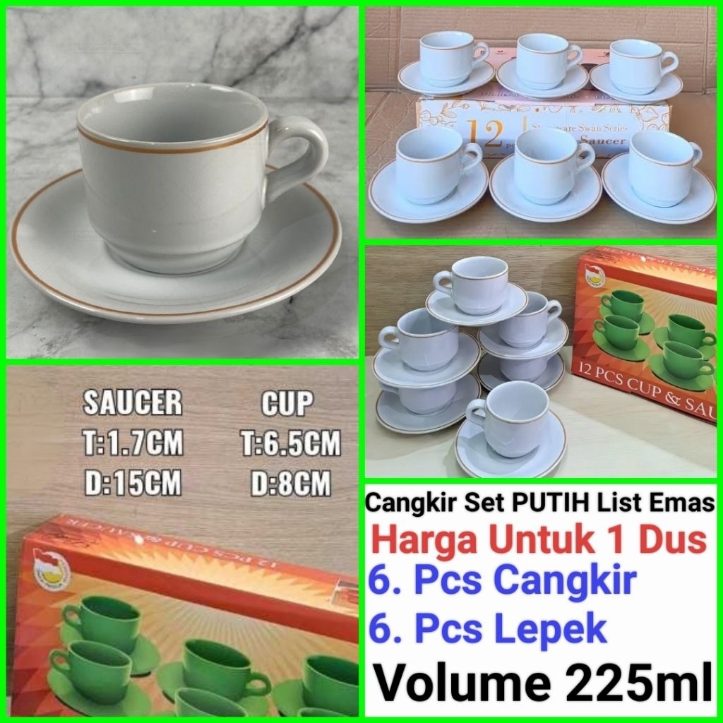 cangkir kopi cangkir set keramik PUTIH LIST EMAS gelas kopi keramik Harga untuk 1 Dus (Isi 6 Set) Lu