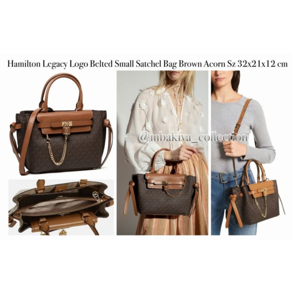MK Hamilton Legacy Logo Belted Small Satchel Bag Brown Acorn