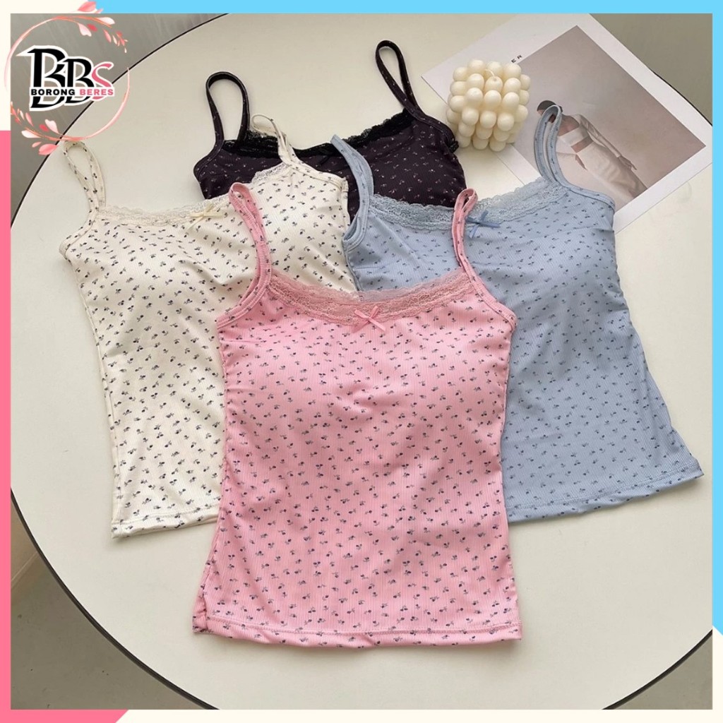 BORES Tanktop Wanita Singlet Motif Bunga Renda 7084 Bra Busa Tali Floral Lace Pita Lucu Atasan Knit 