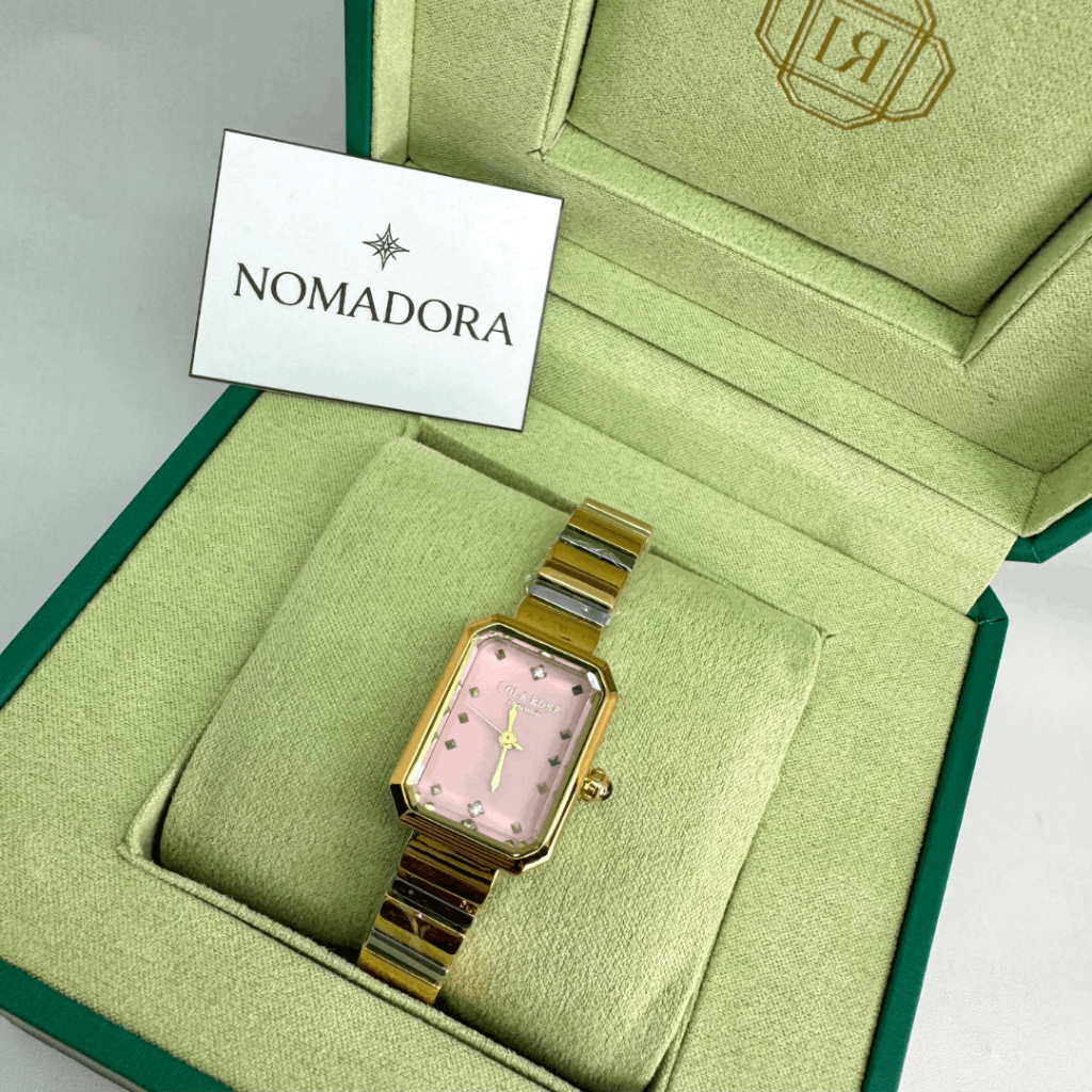 Nomadora Jam tangan  Lola Rose watch with a rectangular pink dial and a two-tone golden
