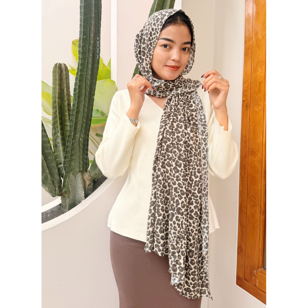 SELENDANG PASHMINA LEOPARD 180x75 JAHIT TEPI RAPI BUTIK MACAN TUTUL COTTON KATUN PREMIUM VOAL MELEYO