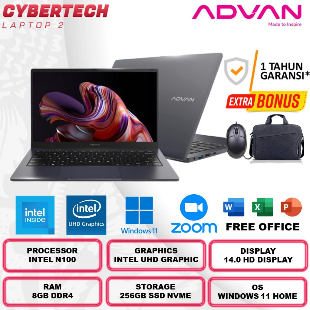 Laptop Baru ADVAN TBook Intel N100 RAM 8GB 512GB SSD NVME 14" HD Windows 11 Original Grey Resmi