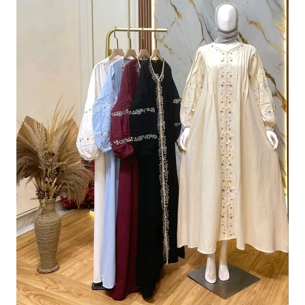 DRESS GAMIS LINEN BORDIR KATUN PREMIUM KANCING AKTIF