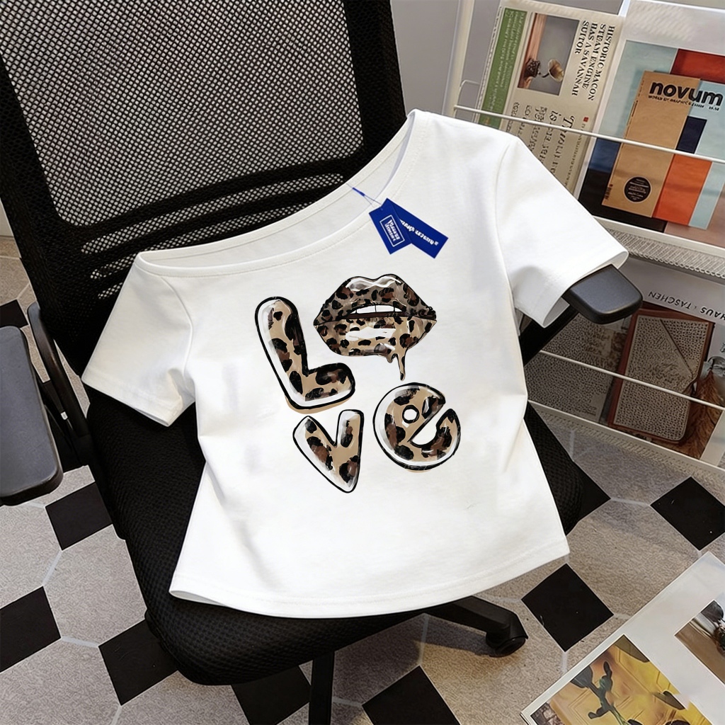 Love  Tshirt Y2K Asymmetrical Offshoulder Top AHS Streetwear Stockholm Vintage Retro Aesthetic