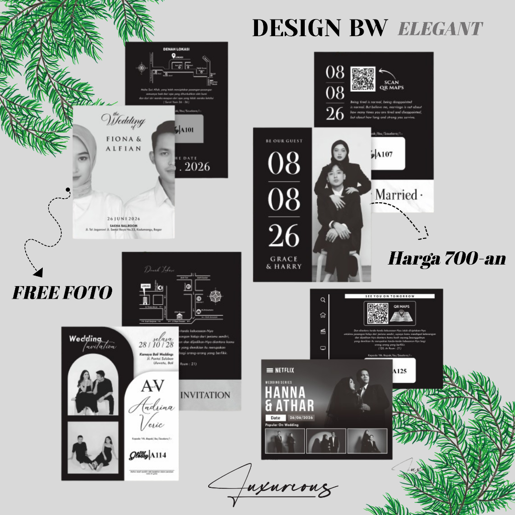 Undangan Pernikahan Custom Hitam Putih | Kartu Undangan Nikah Glossy BW Seri 3 Aesthetic Murah