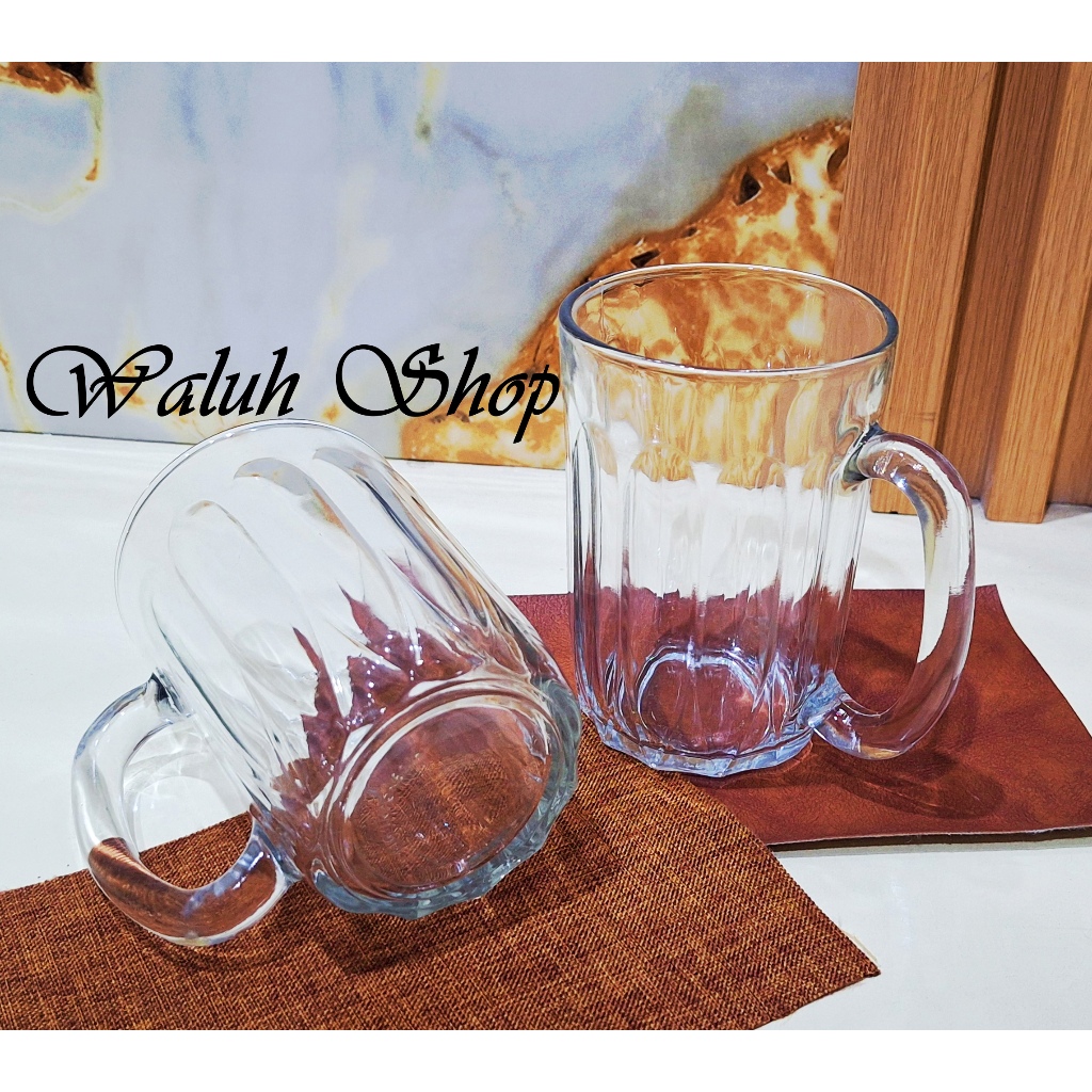 Gelas Kaca Unik Garis Janur Bening Gagang Besar 370 Ml Gelas Es Isi 2 pcs