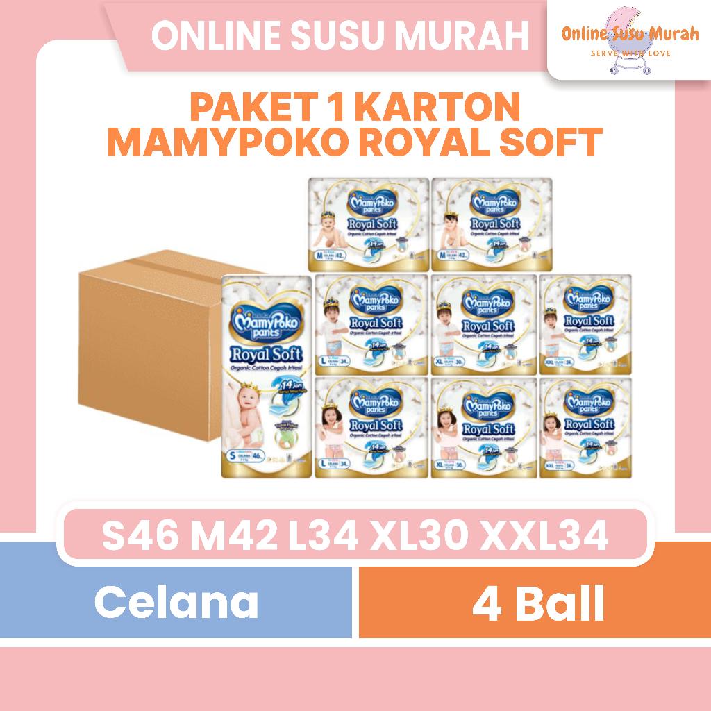 MAMYPOKO ROYAL SOFT PANTS PAKET 4 BALL 1 KARTON S 46 M 42 L 34 XL 30 XXL 24 BOY GIRL COTTON PPKS