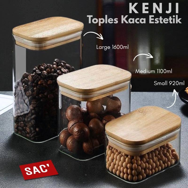 KENJI Toples Kaca Estetik Premium Kopi Teh Snack Bumbu Kacang Tutup Kayu Kedap Udara Serbaguna