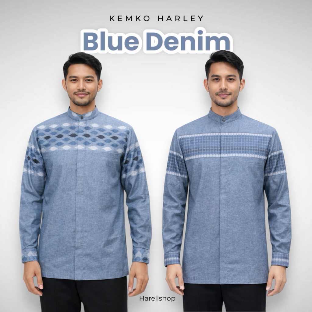 Kemko Harley Pria Lengan Panjang Blue Denim dan Denim Blue Grey | Baju Koko Modern Katun Adem | Koko