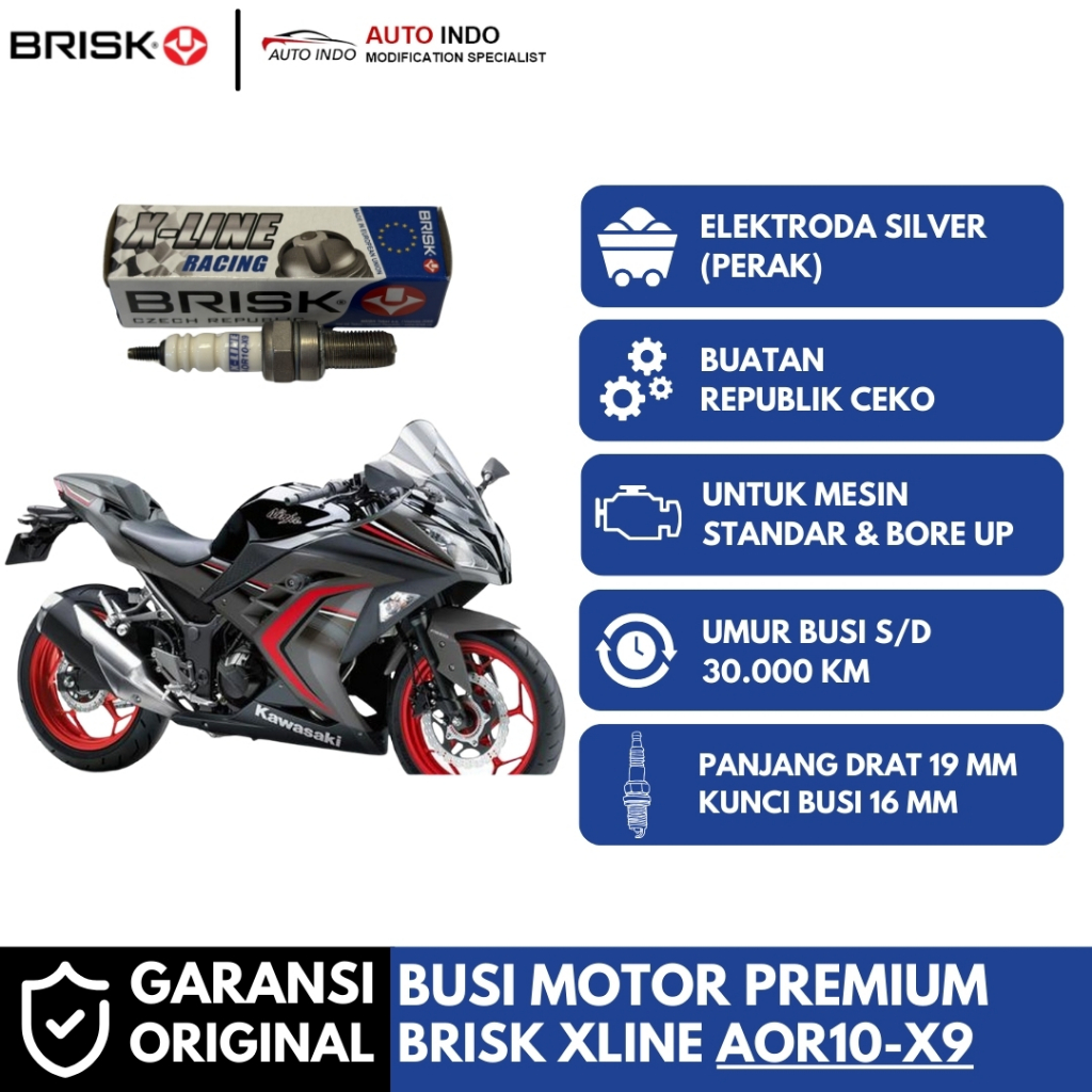 Busi Motor Brisk Xline Racing AOR10-X9 untuk Kawasaki Ninja 250 Karbu Old | Garansi Ori