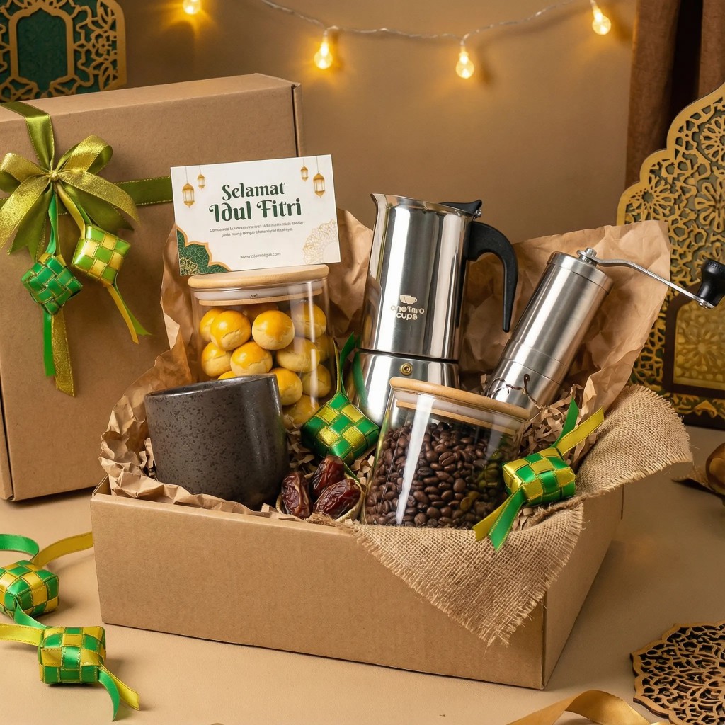 Paket Hadiah Hampers Kopi Premium, Grinder kopi, Moka pot, kuker, gelas keramik