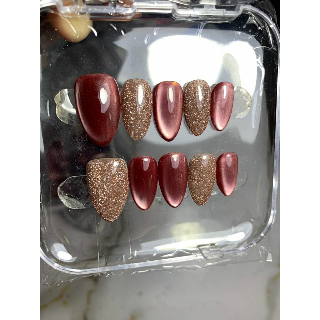 Press on nails cat eye burgundy mix Glitter rose gold
