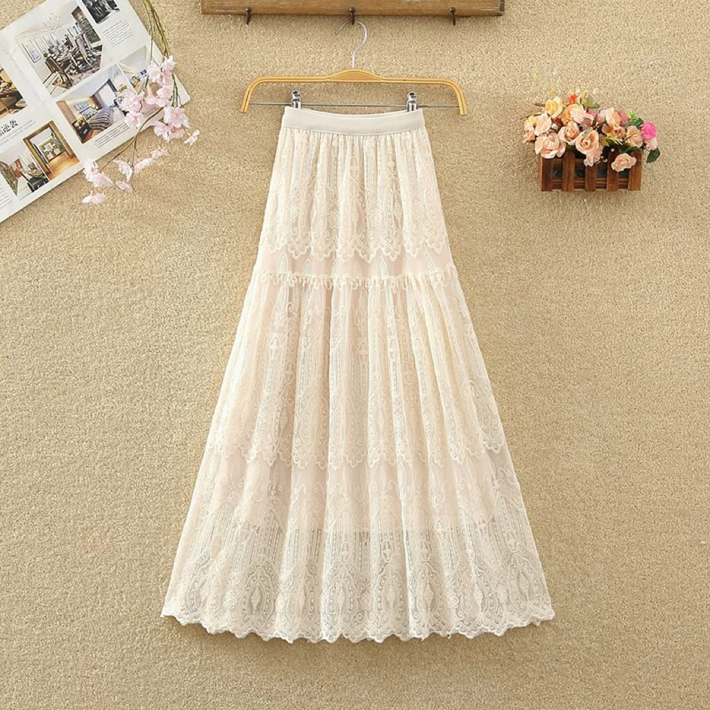 Rok Cream Wanita Brokat Import Style Korea