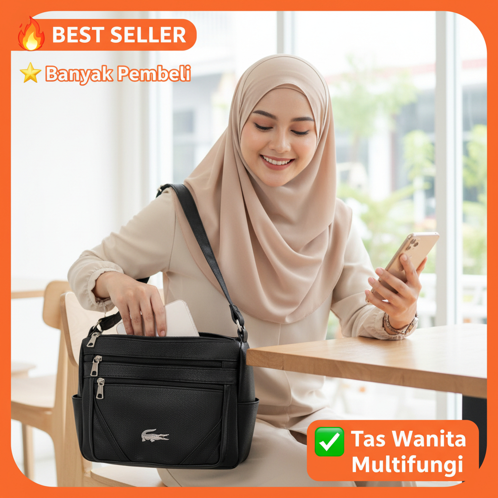 Tas Selempang Wanita Premium Elegan | Tas Bahu Kulit PU Banyak Kantong Resleting Anti Ribet
