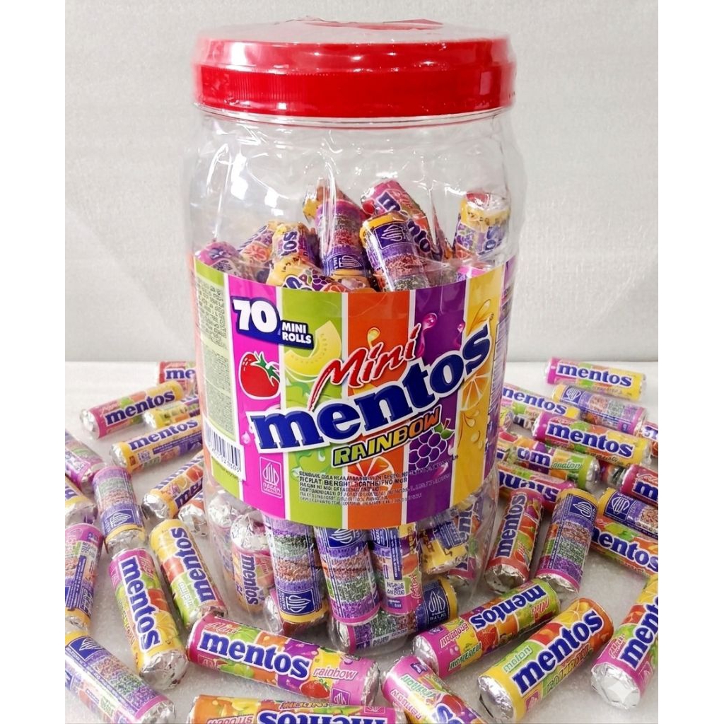 Exp APR 2027 - Mentos Mini Rolls Rainbow Jar - Toples Isi 70 pcs - Permen Aneka Rasa Buah