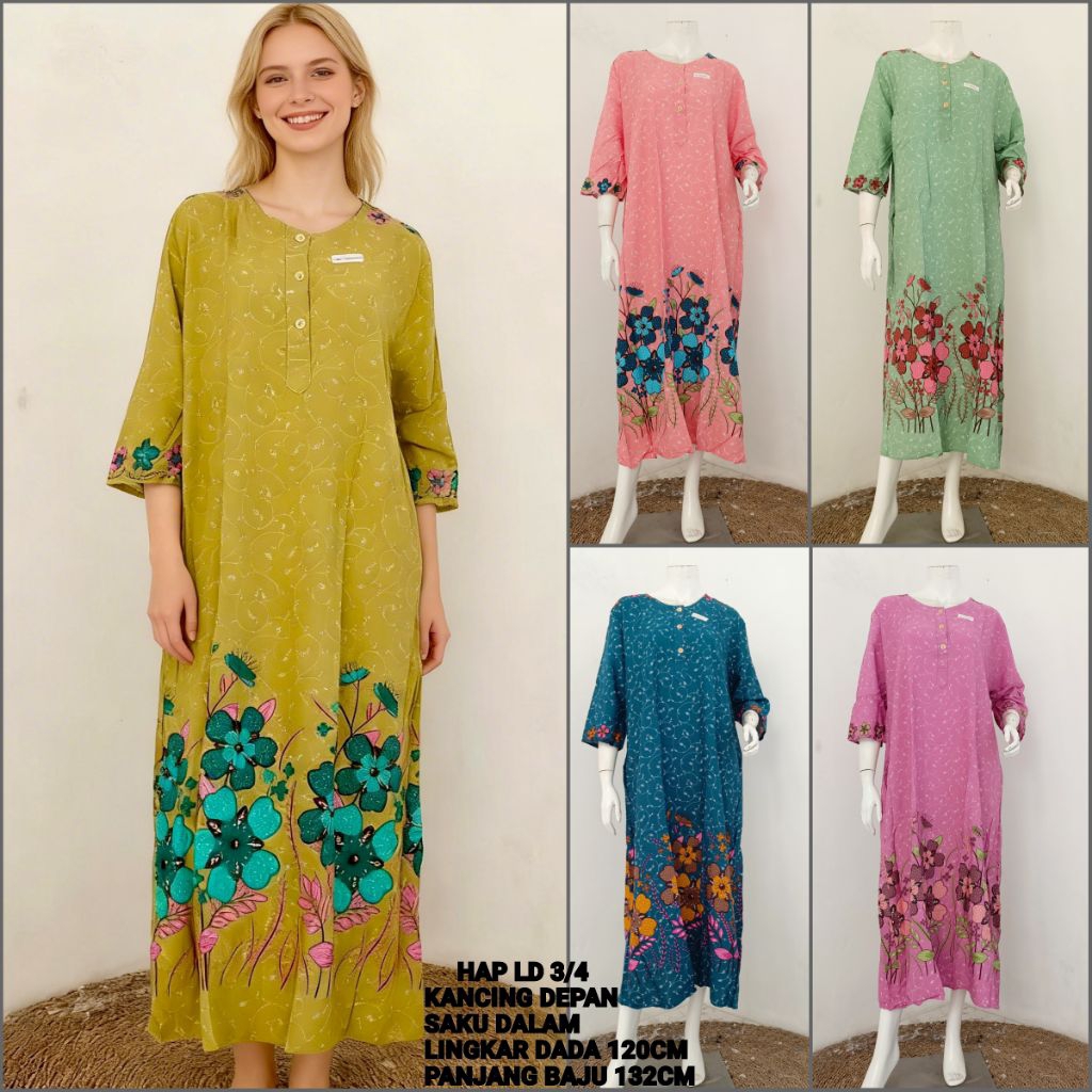 DASTER LONGDRESS HAP LENGAN 3/4 BUSUI / DASTER MUSLIMAH MODERN / DASTER LENGAN PANJANG KANCING DEPAN
