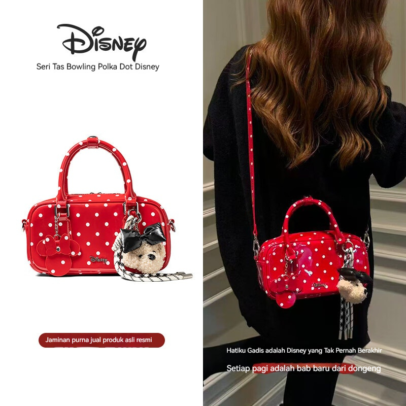 Tas Tangan Wanita Original Disney Canvas Polkadot Kecil Bahu Selempang Hitam Putih Merah - Free Box