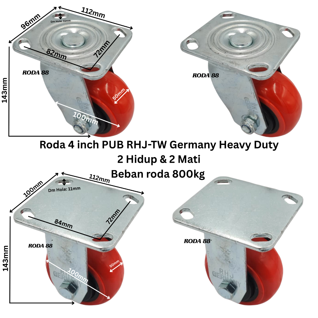 Roda 4 inch PUB RHJ-TW Germany Heavy Duty (2 Hidup & 2 Mati) Beban Roda 800kg