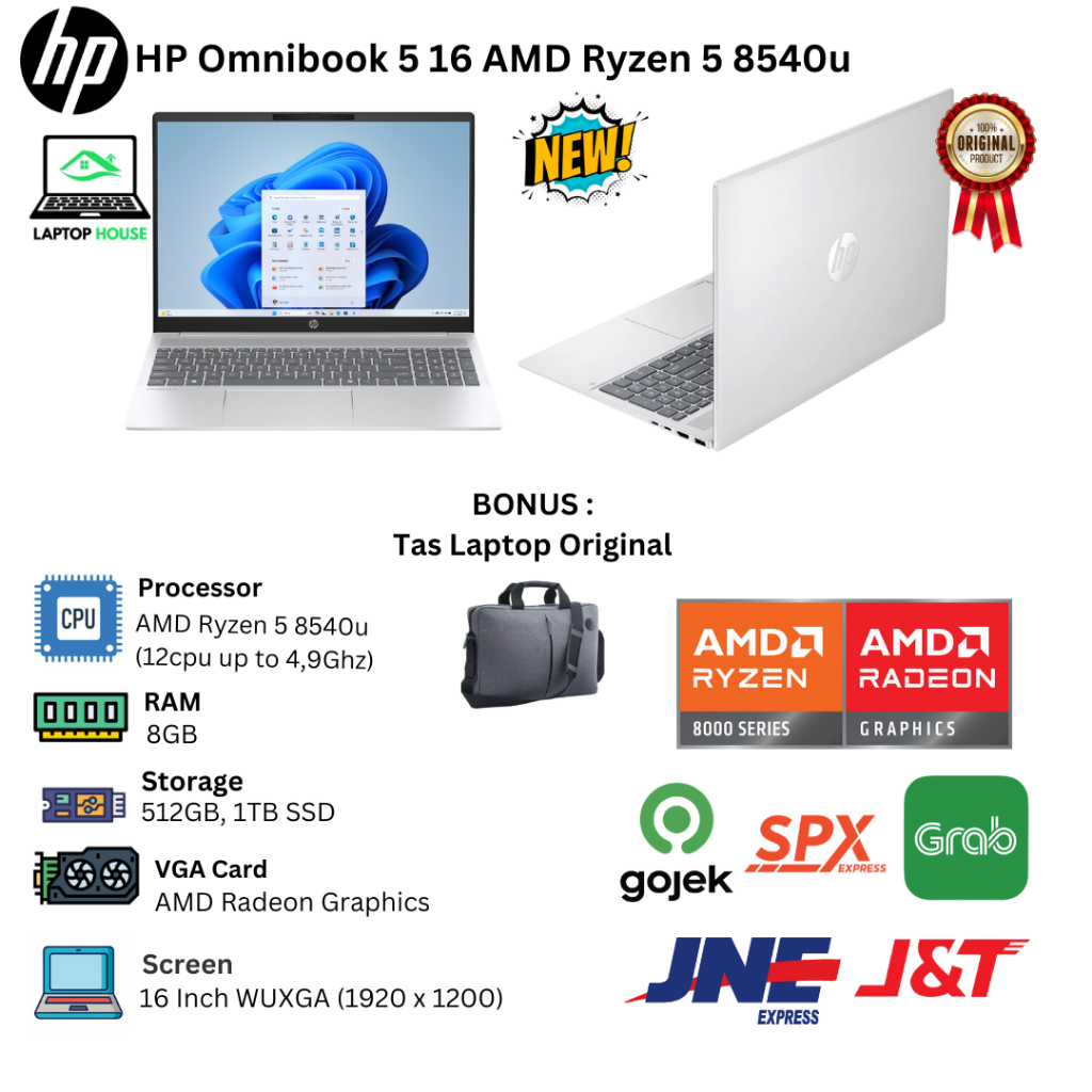 Laptop Baru  HP Omnibook 5 16 AMD Ryzen 5 8540U 12CPU  4,9GHZ