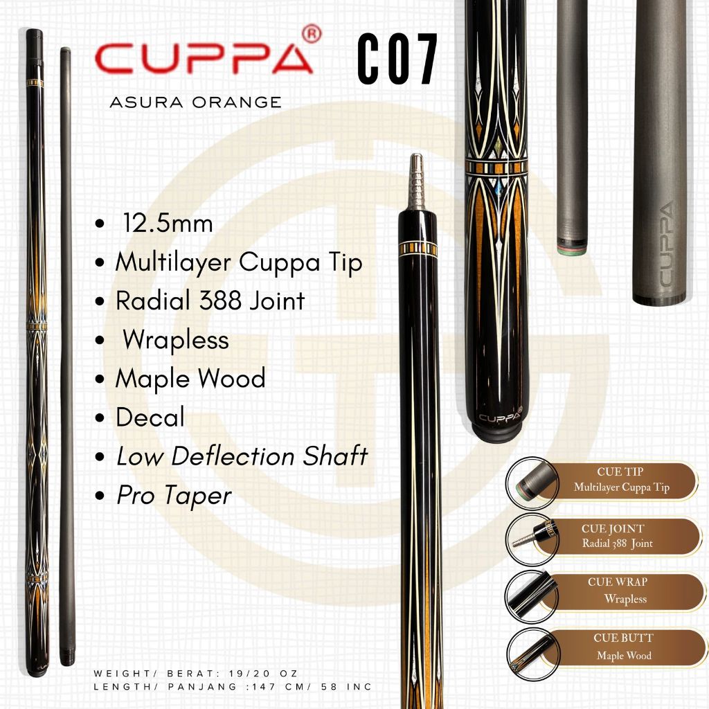 Cuppa Asura C07 Orange 12.5mm Carbon Shaft Stik Play Billiard