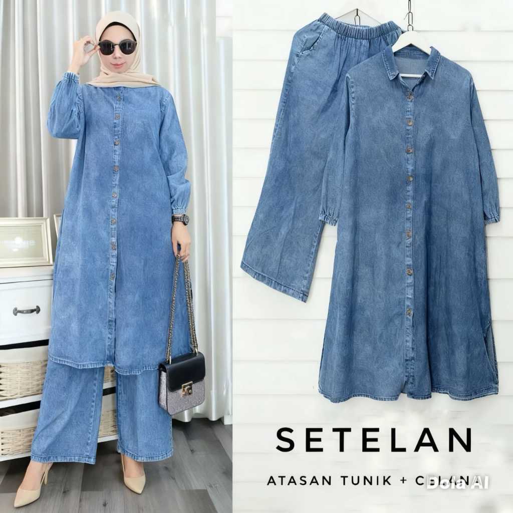 Jammie Set Long Jeans Setelan HQ Denim Washed Setelan Celana Baju Tunik Wanita Kekinian