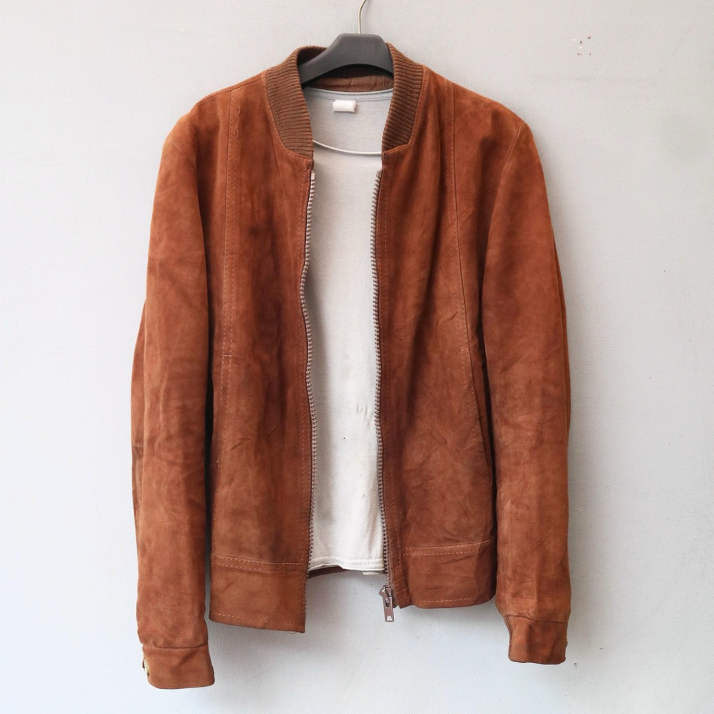 Jaket kulit asli ukuran L suede bomber varsity vintage warna camel tan genuine leather jacket