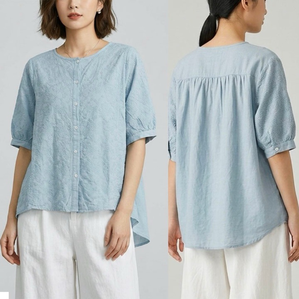 BLUS KATUN PREMIUM WANITA BIRU MUDA BRUKAT BORDIR KANCING DEPAN KOREA IMPORT