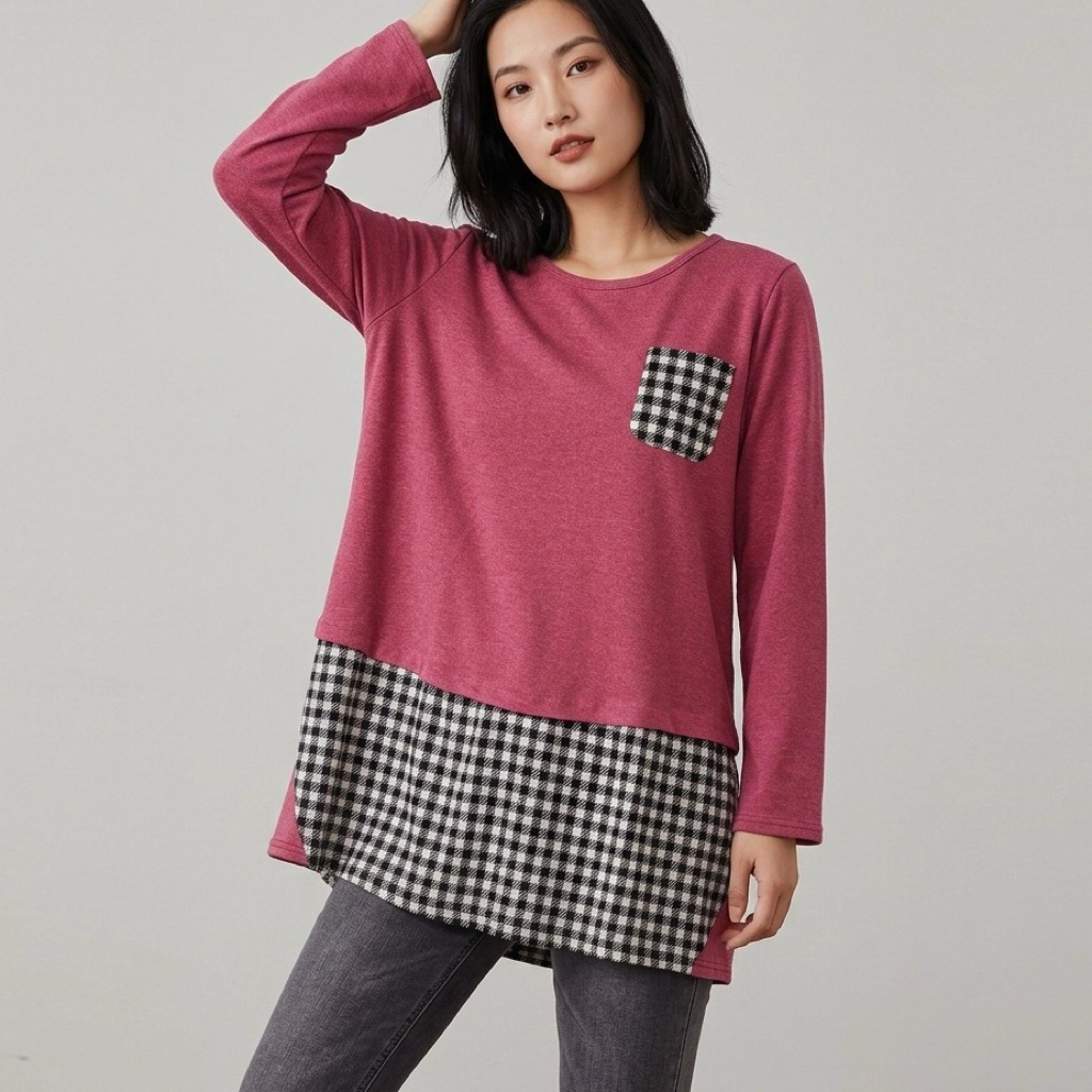 KAOS TUNIK MERAH MARUN UNGU KOMBI KOTAK HITAM PUTIH LENGAN PANJANG  IMPORT