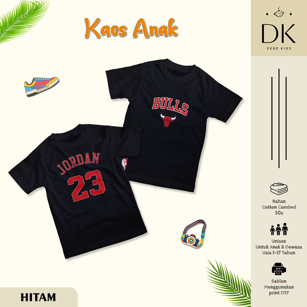 Kaos Anak Bulls Jordan 23 Hitam | Kaos Anak Laki Laki Perempuan | Cotton Combed 30s | Kaos Anak Tren