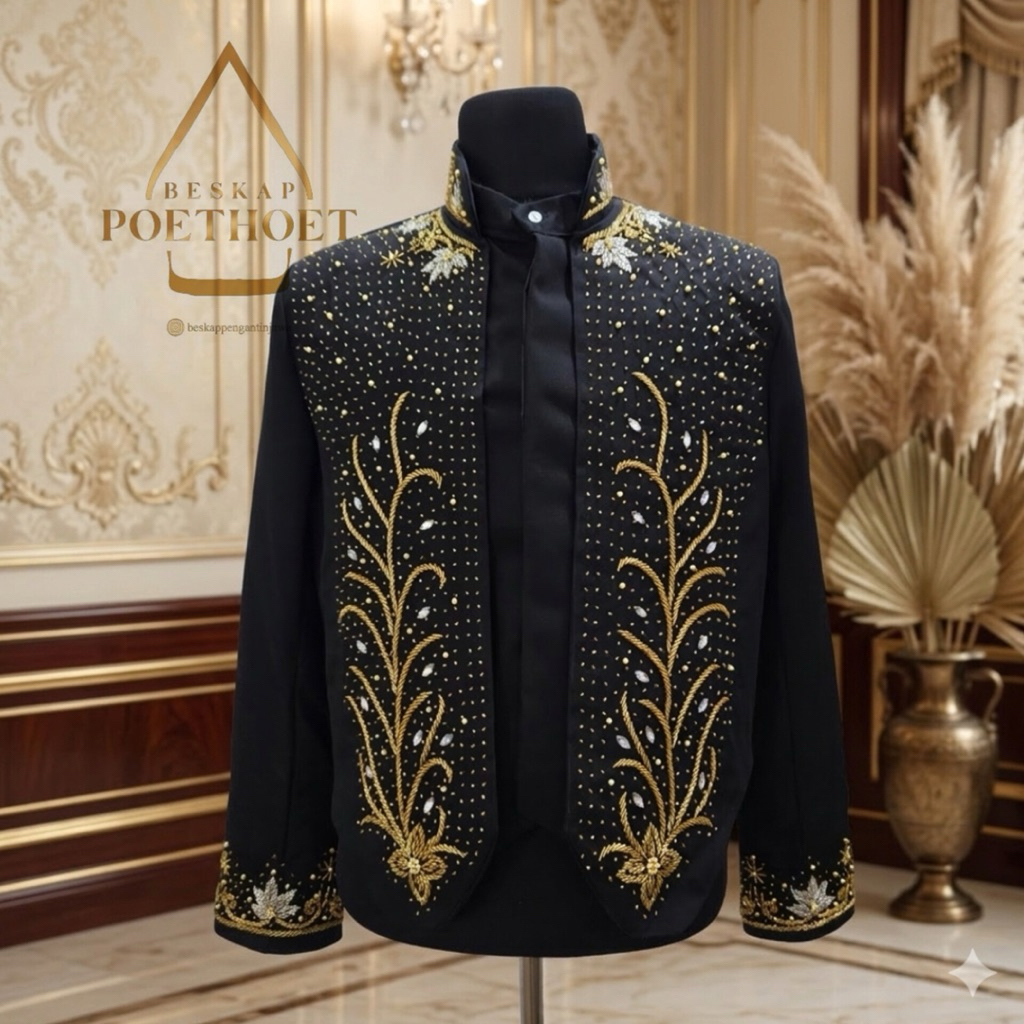 Baju beskap pengantin Jawa adat solo hewes krowok hitam payet gold premium Pria