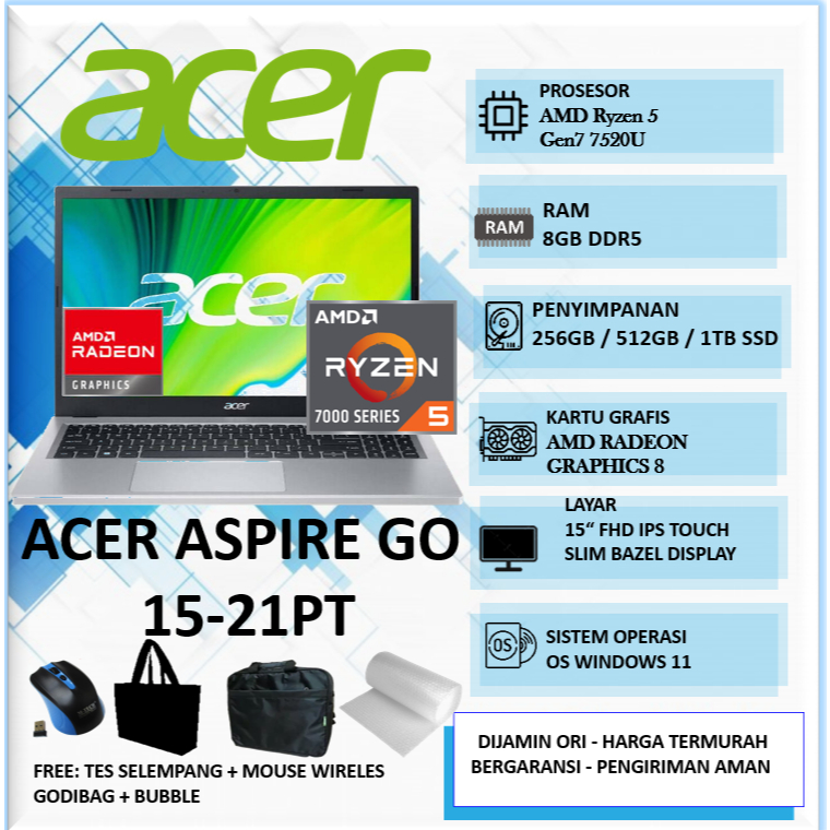 Laptop Gaming Touchscreen Acer Aspire Go 15 Amd Ryzen 5 7520U 8GB 1TB 15"FHD IPS Win11Home