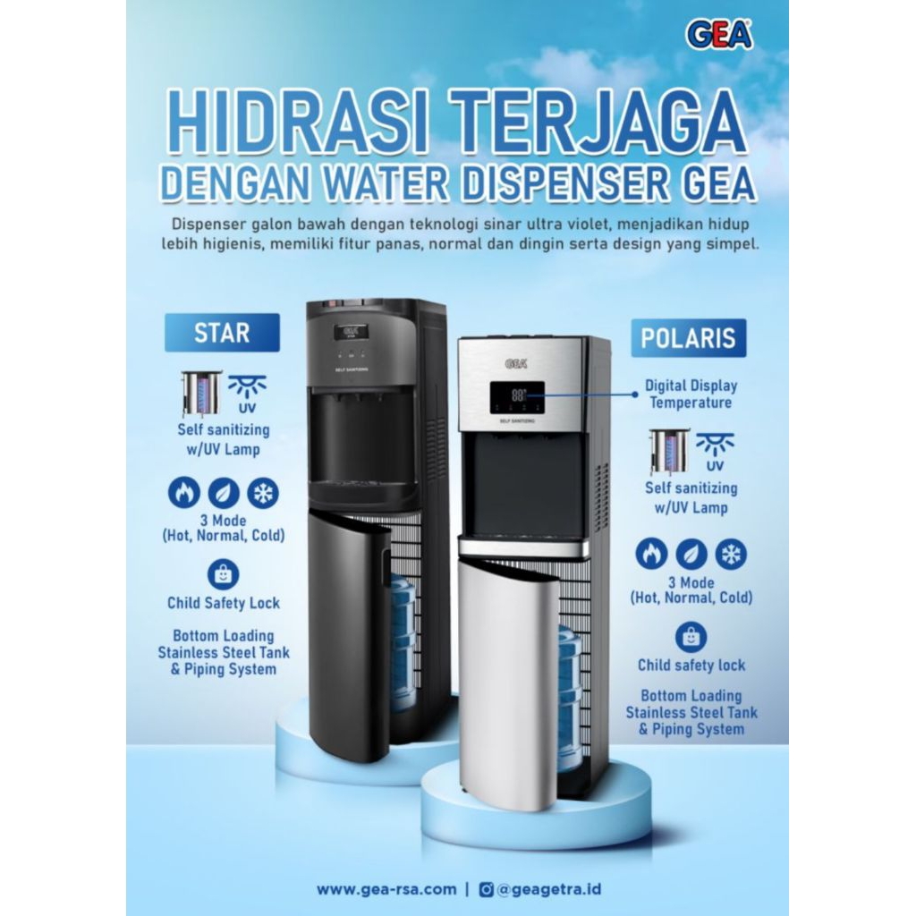 water dispenser air gea star polaris dispenser galon bawah teknologi ultra violet uv light dispenser