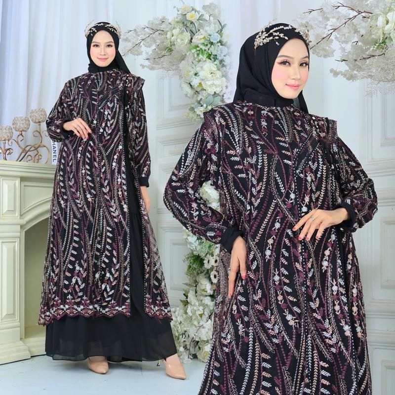 Gamis Brukat Black Rompi lepas Cerruty Armany Babidol mix Tile import murah Hitam Black corak padi b