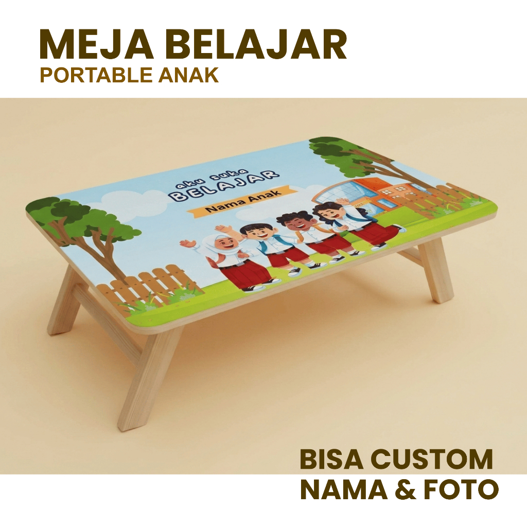 Meja Belajar Lipat Anak Custom Nama & Foto Karakter |Meja Laptop Souvenir TK SD| bahan Kayu solid Ko