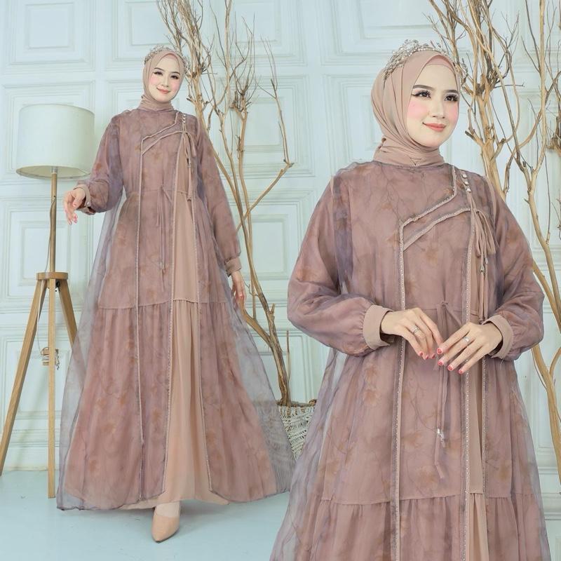 Gamis Brukat Rompi lepas Organza Cerruty Armani Babidol mix murah Brown Coklat Susu wenwencollection