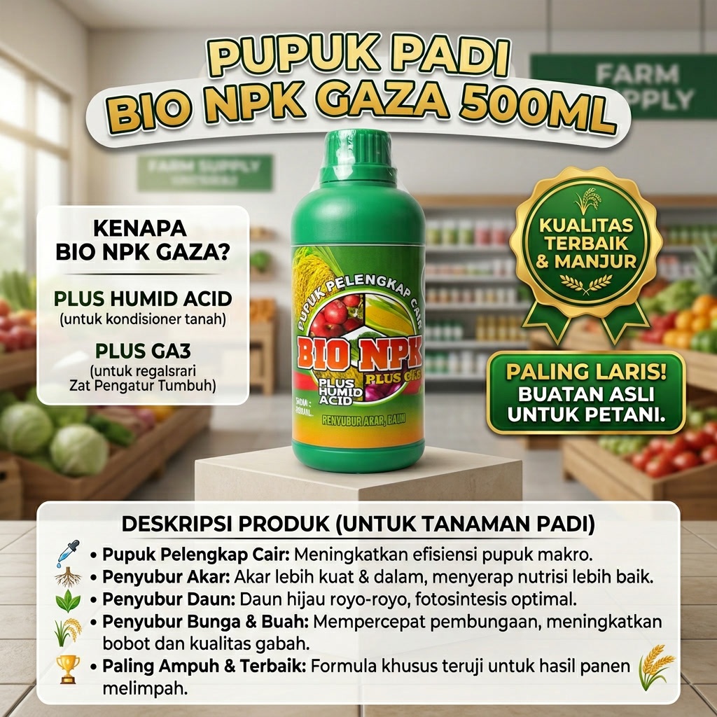 PUPUK PADI BIO NPK GAZA 500ML Pupuk Pelengkap Cair Penyubur Akar Daun Bunga dan Buah untuk Tanaman P
