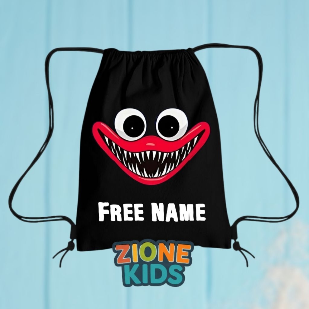 Tas Serut Anak Huggy Wuggy Free Nama | Drawstring Bag Anak Karakter Huggy Wuggy | Tas Sekolah Anak
