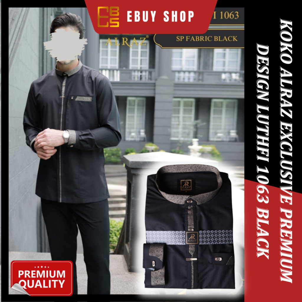 [Non COD] Baju Koko Hitam Alraz Exclusive Design Luthfi 1063 Black Sp Fabric Pakai Box
