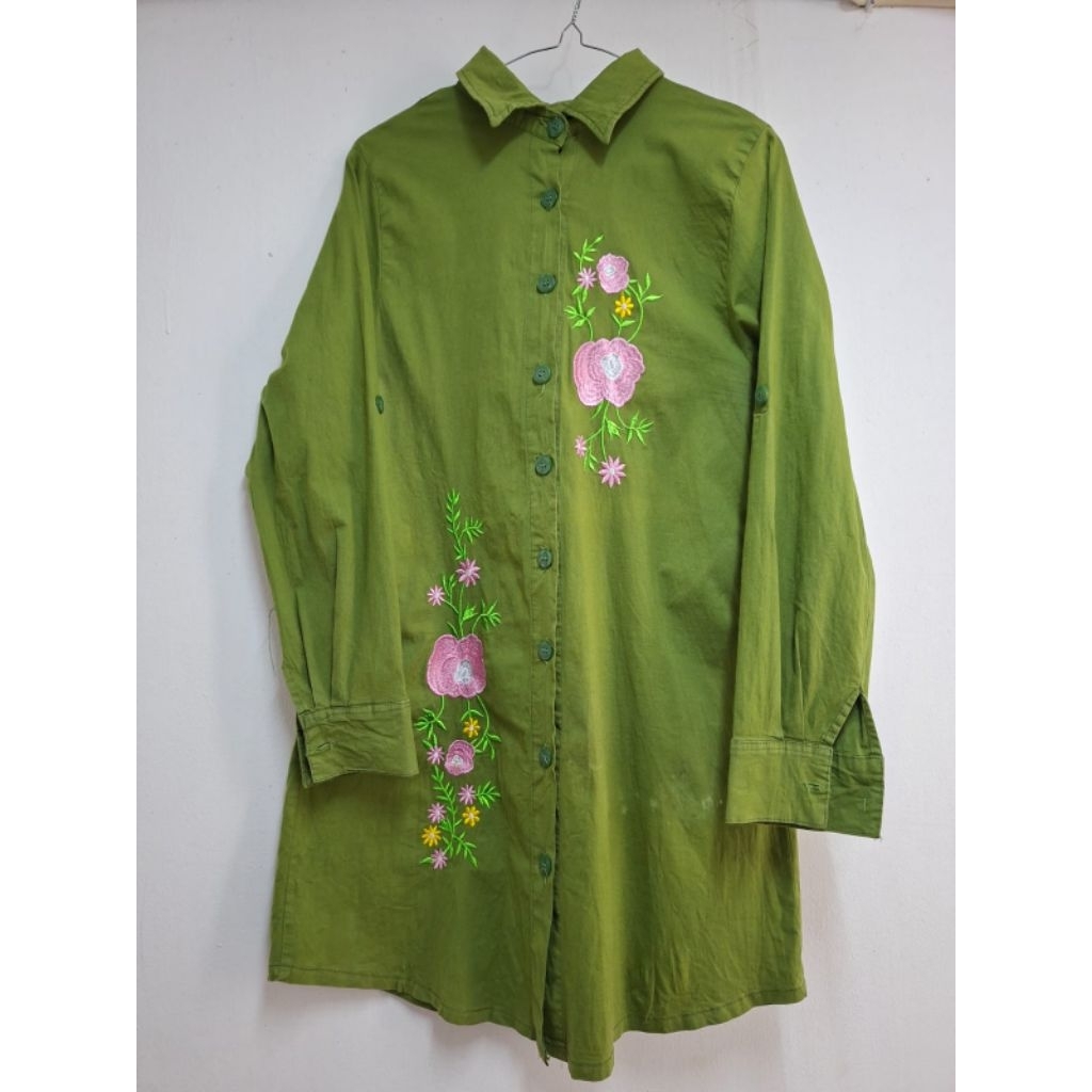 PRELOVED tunik wanita bordir bunga olive green
