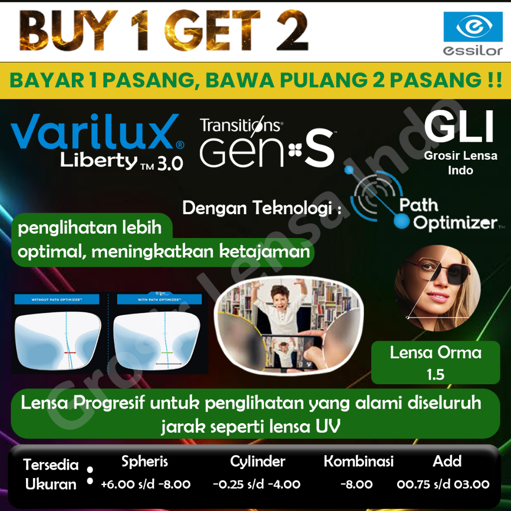 Lensa Essilor Progresif VARILUX LIBERTY ORMA 1.5 TRANSITION GEN S GREY GARANSI RESMI ESSILOR 2 TAHUN