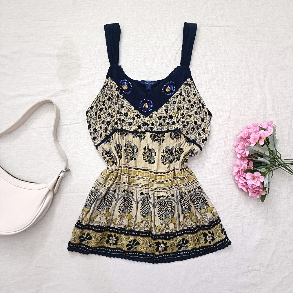 Indigo Boho Pattern Top Mori Girl Harajuku Vintage Aesthetic