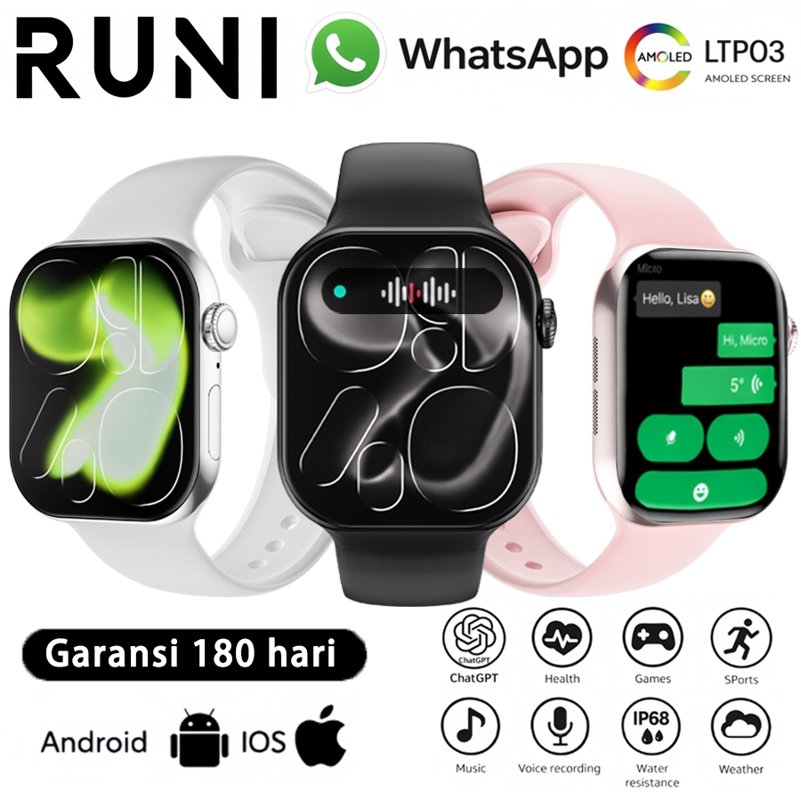 RUNI S11 Pro AI Smartwatch | 3ATM Tahan Air(Berenang dan Menyelam) | WhatsApp Message Reply | Blueto